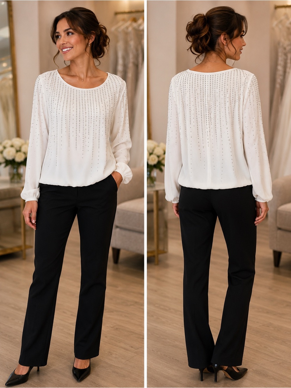 Ivory Beaded Long-Sleeve Blouse